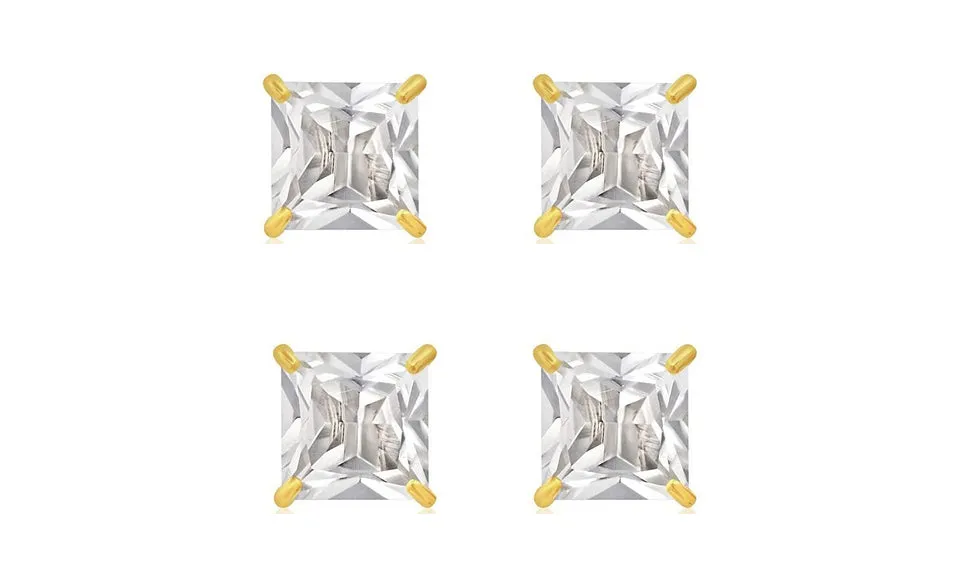 18k Yellow Gold Plated 1/2Ct Square Cut White Sapphire Set Of Two Stud Earrings
