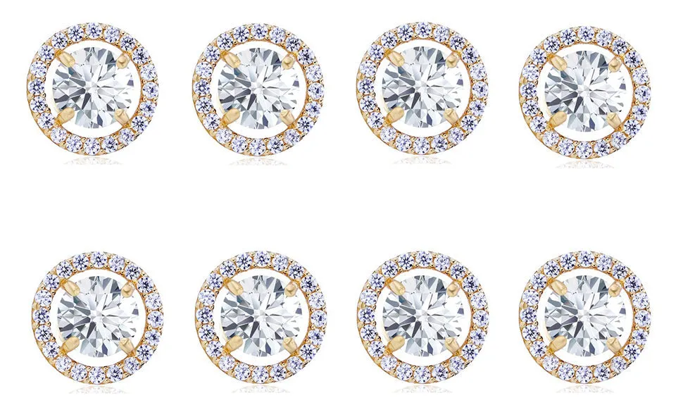 18k Yellow Gold Plated 1Ct Round White Sapphire Set Of Four Halo Stud Earrings