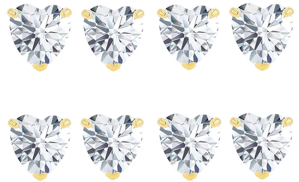 18k Yellow Gold Plated 3Ct Heart White Sapphire Set Of Four Stud Earrings