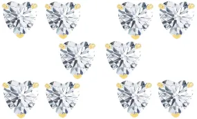 18k Yellow Gold Plated 4mm 1Ct Heart White Sapphire Set Of Five Stud Earrings
