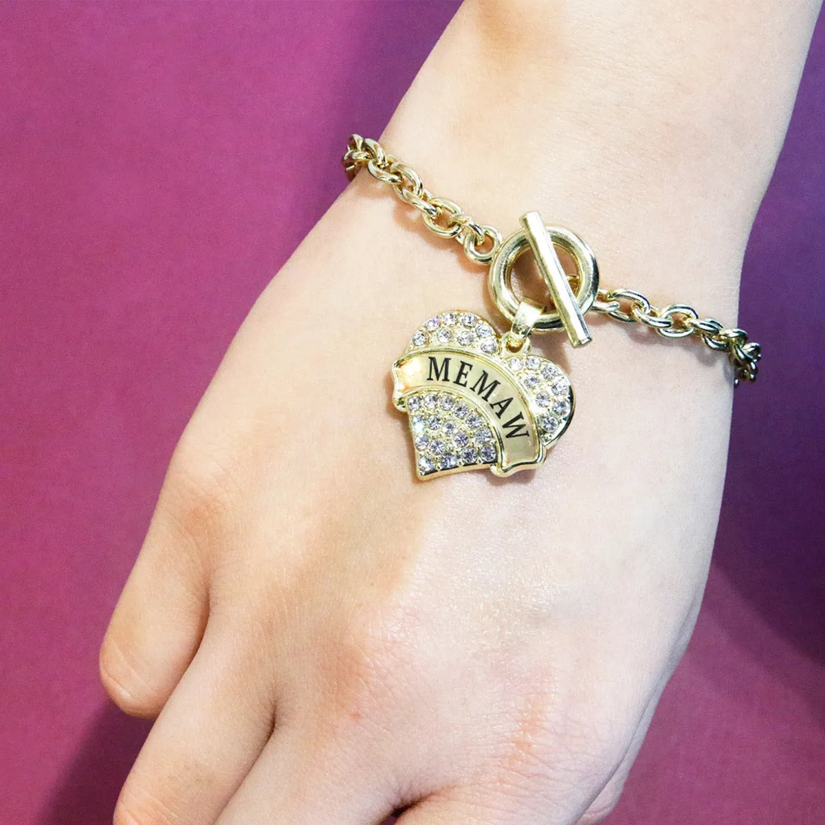 Gold Memaw Pave Heart Charm Toggle Bracelet