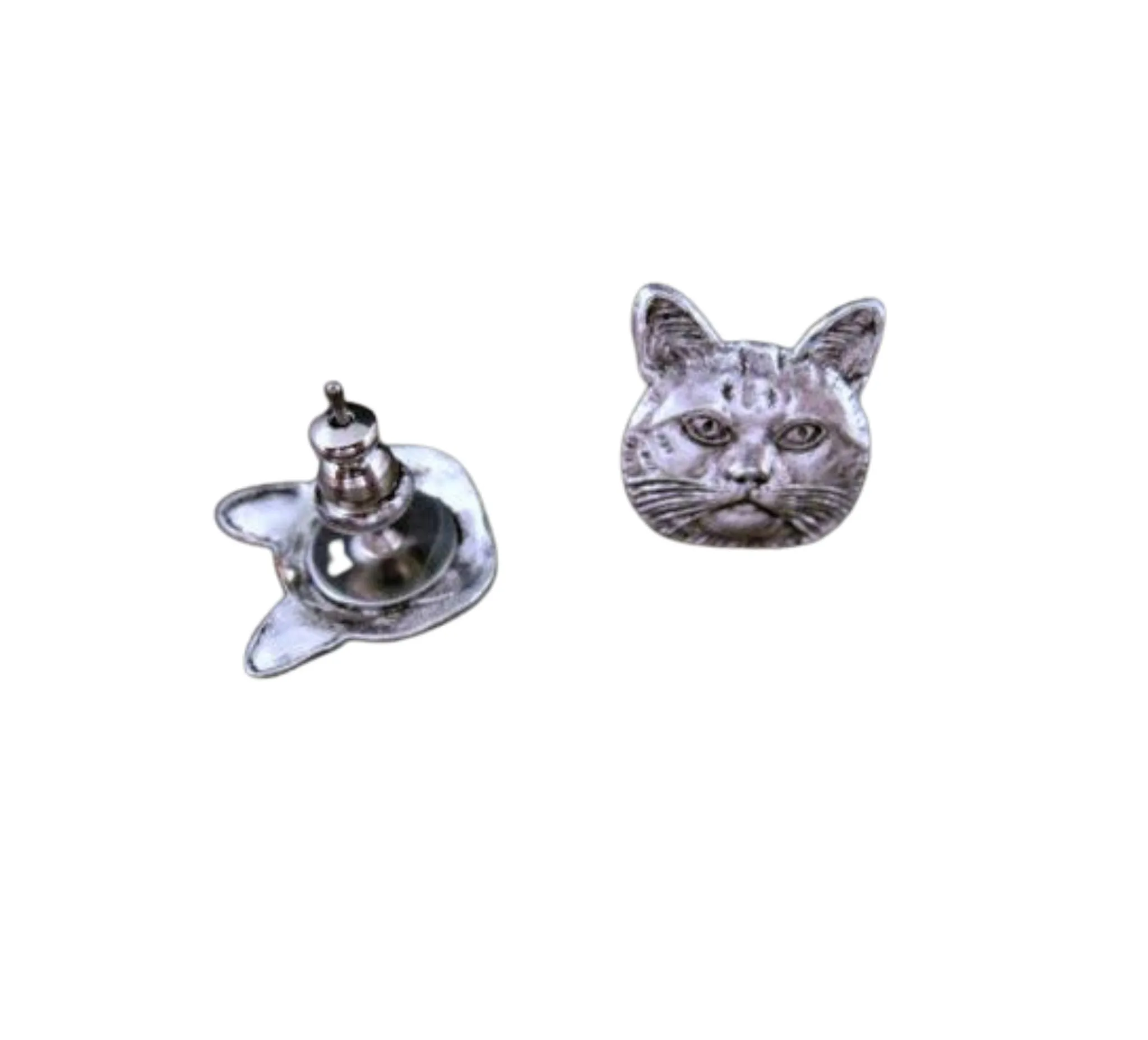 Handmade Antique Silver Cat Head Post Earrings