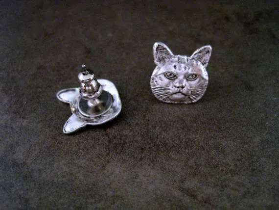 Handmade Antique Silver Cat Head Post Earrings