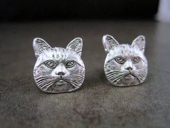 Handmade Antique Silver Cat Head Post Earrings