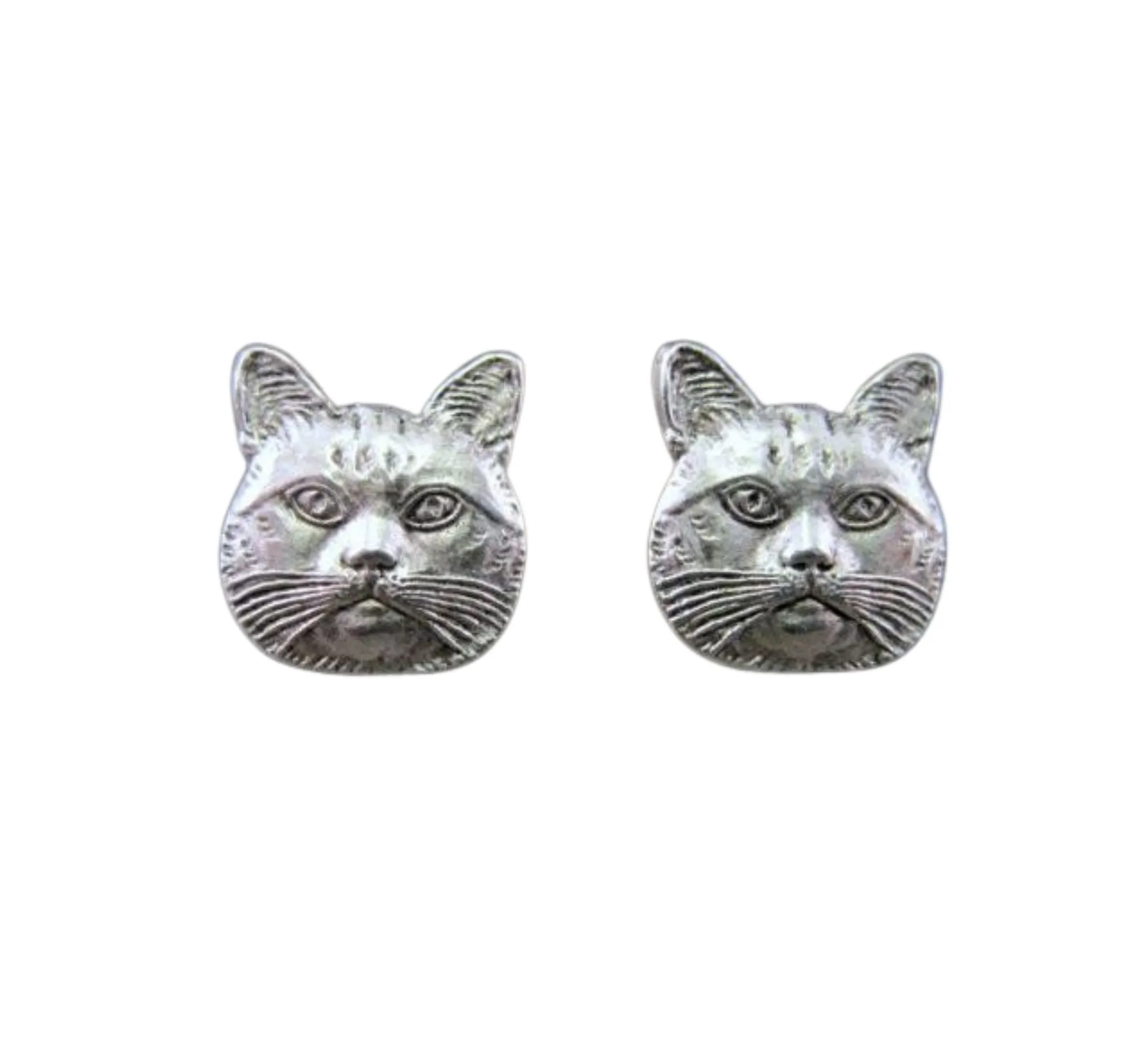 Handmade Antique Silver Cat Head Post Earrings