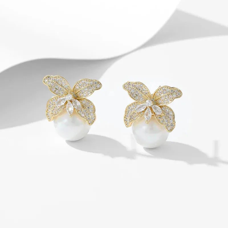 New Cubic Zirconia Lily Flower Pearl Stud Earrings Banquet Dress Bridal Wedding Jewely Accessories LYX336