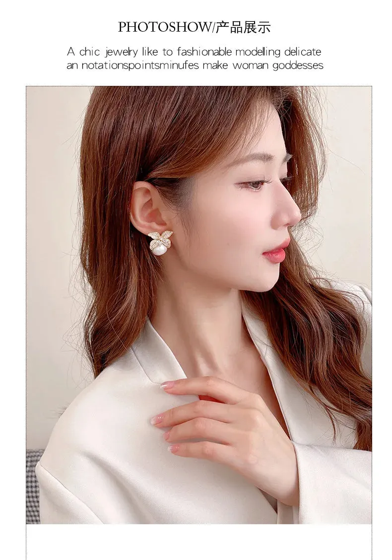 New Cubic Zirconia Lily Flower Pearl Stud Earrings Banquet Dress Bridal Wedding Jewely Accessories LYX336