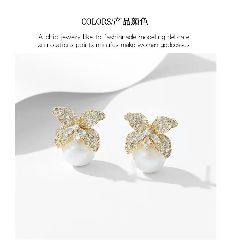 New Cubic Zirconia Lily Flower Pearl Stud Earrings Banquet Dress Bridal Wedding Jewely Accessories LYX336