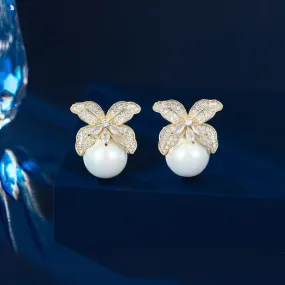 New Cubic Zirconia Lily Flower Pearl Stud Earrings Banquet Dress Bridal Wedding Jewely Accessories LYX336