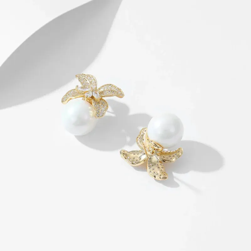 New Cubic Zirconia Lily Flower Pearl Stud Earrings Banquet Dress Bridal Wedding Jewely Accessories LYX336