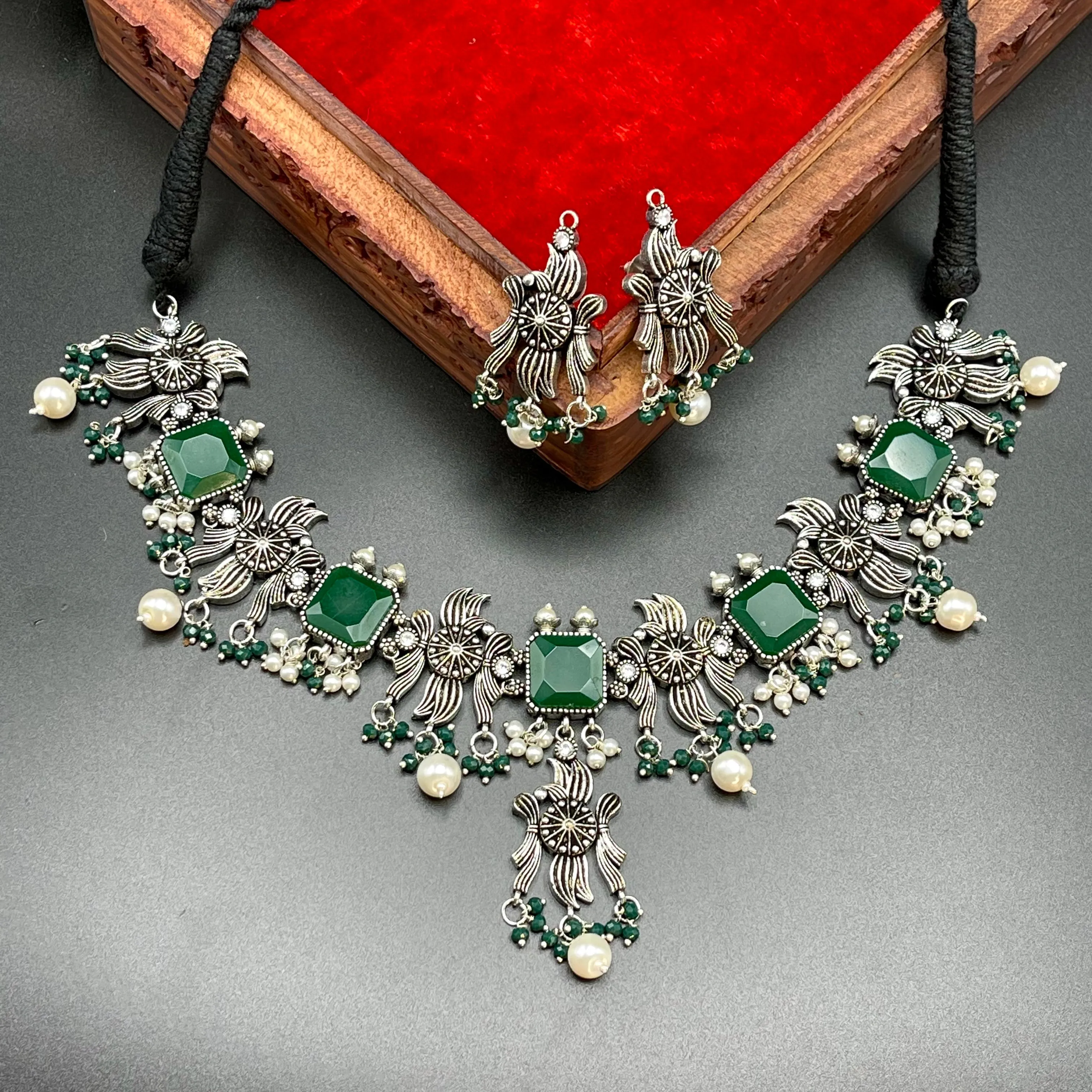 Oxidized German Silver Colored Stone Necklace Set