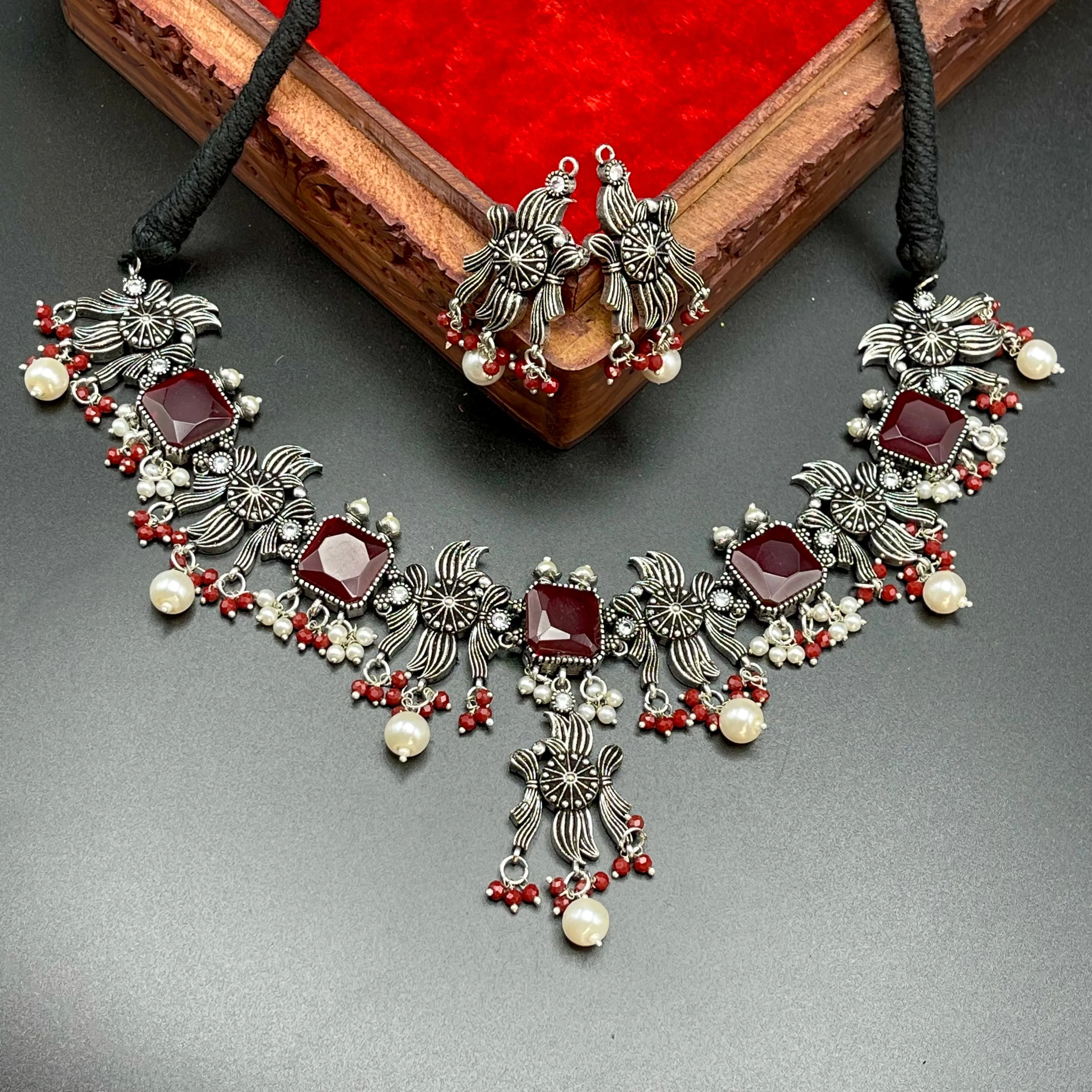 Oxidized German Silver Colored Stone Necklace Set