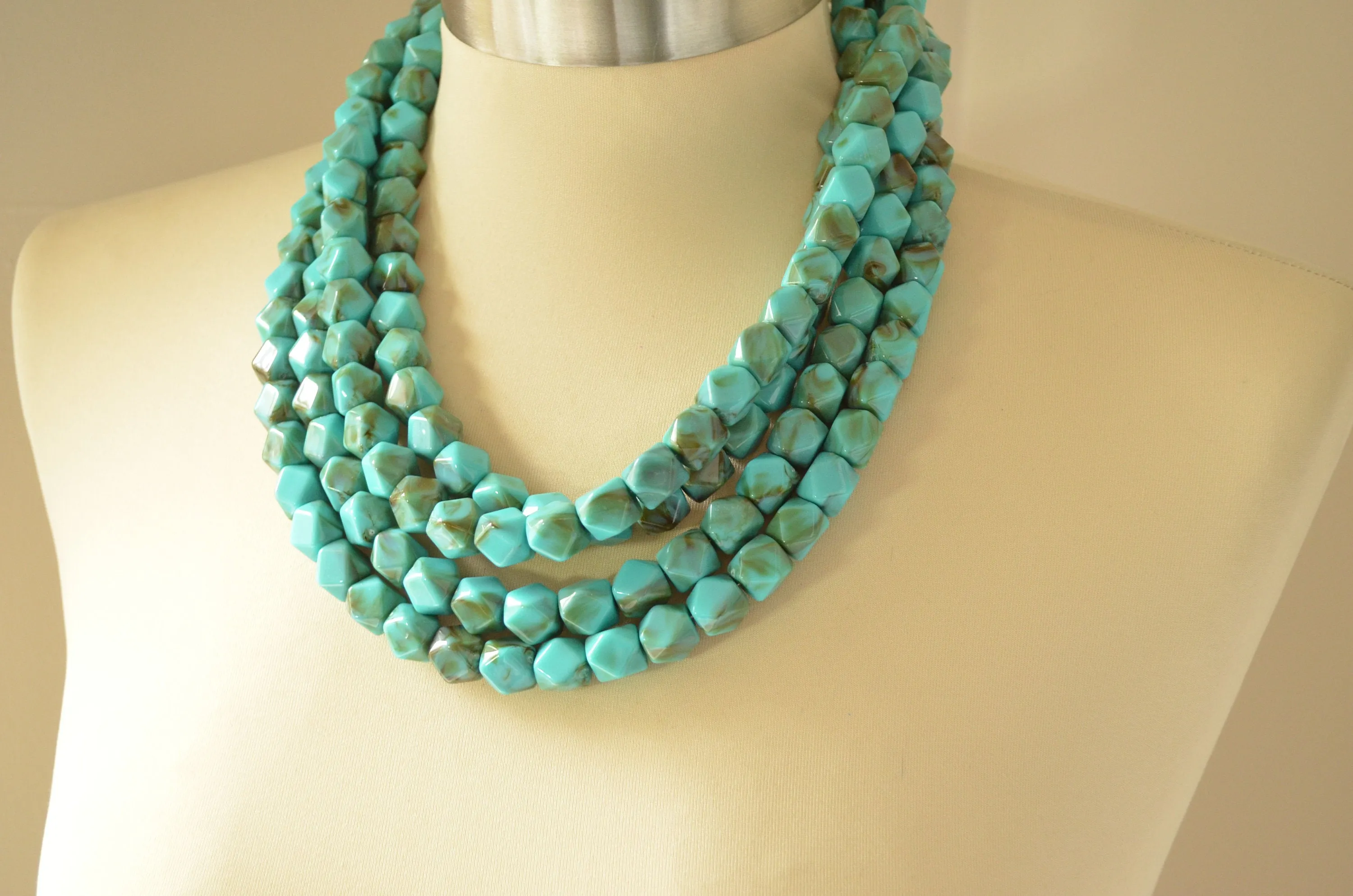 Turquoise Statement Beaded Acrylic Multi Strand Chunky Necklace - Verti