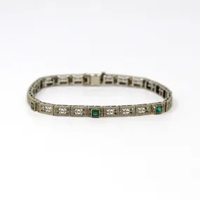 Vintage Filigree Bracelet - Antique 14k White Gold Simulated Emerald Line Bracelet - 1920s Art Deco Fine Garnet Doublet 7 Inch Fine Jewelry